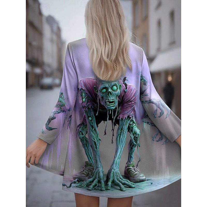 Halloween Women's Winter Coat Trench Coat Lightweight Comfortable Skulls Print Open Front Vintage Casual Skull Vacation Collarless Loose Fit Long Sleeve Outerwear Yellow Blue Purple Spring Fall3