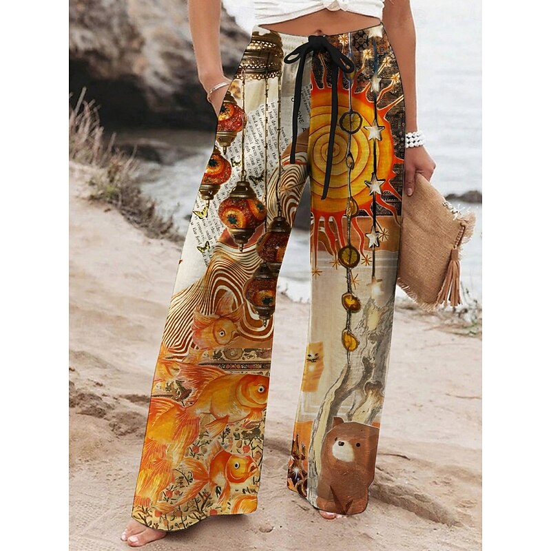 Women's Wide Leg Pants Trousers Retro Vintage Ethnic Long High Waist Sun Graphic Prints Elastic Waist Printing High Cut Breathability Soft Micro-elastic Vacation Street Daily Wear Khaki Spring Fall