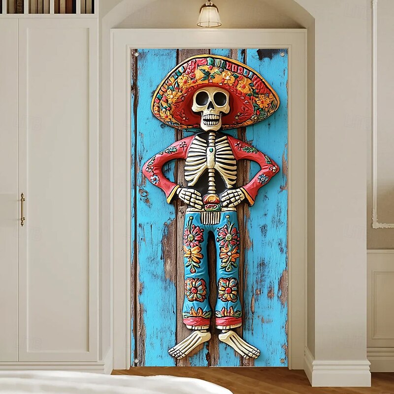 Day of the Dead / Día de los Muertos Door Decorations Skeleton Couple Door Covers Tapestry Curtain Decoration Backdrop Banner with Marigold Flowers and Candles for Front Door Farmhouse Holiday Party Indoor Outdoor Decor Supplies3