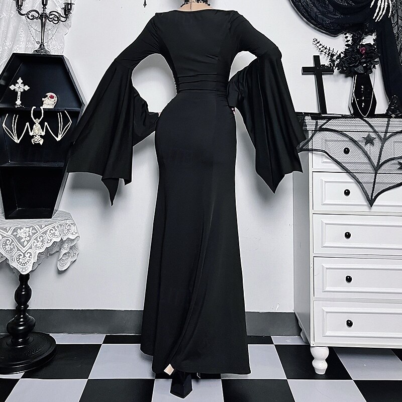 Gothic Maxi Dress Bell Sleeve Witch Morticia Addams Lace Corset Fancy Dress Women's Fantasy Halloween Carnival Performance Party Adults Dress4