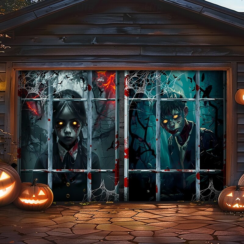 Halloween Garage Door Cover Large Hanging Backdrop Zombie Containment Unit 3D Dark Punk Gothic Style Party Outdoor Shooting Backgrounds Yard Haunted House Home Decor