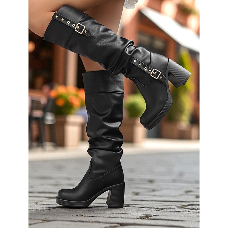Women's Black Faux Leather Slouch Knee-High Boots with Buckle Straps and Block Heels - Trendy Fall Winter Slouch Boots for Daily Wear, Street Style and Casual Outfits