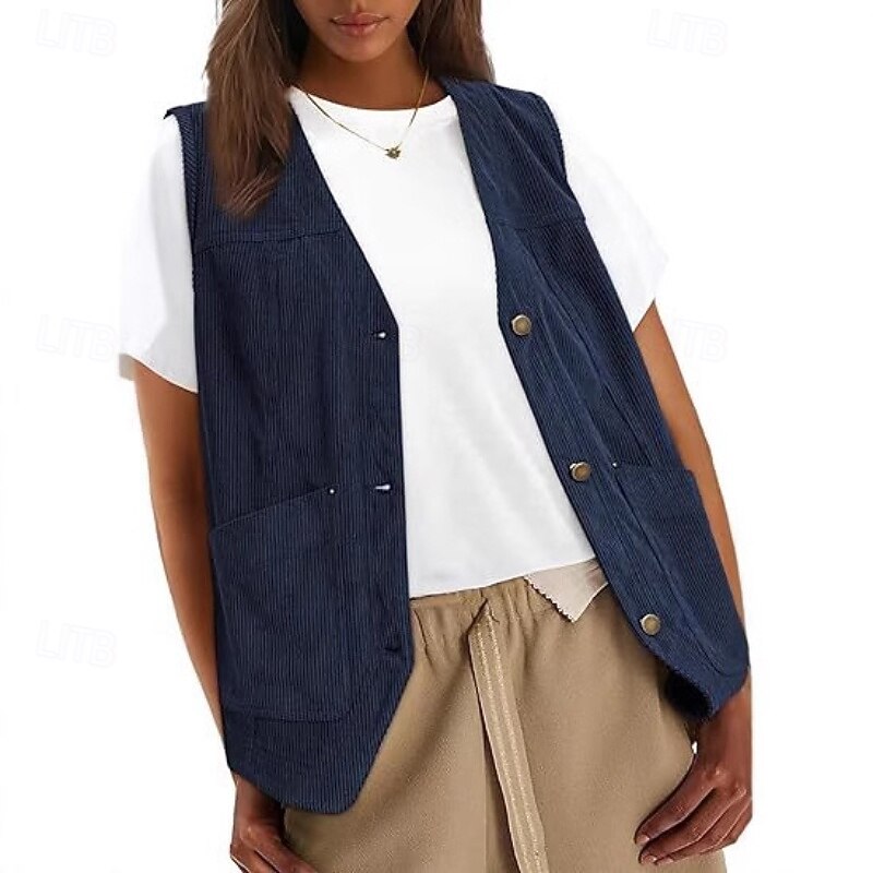 Women's Vest Comfortable Pocket Buttons Casual Plain Casual Daily Weekend Single Breasted Regular V Neck Regular Fit Sleeveless Outerwear Navy Black White Fall4
