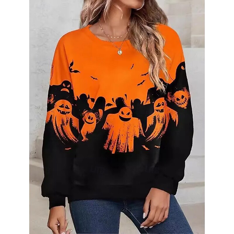 Halloween Women's Pullover Sweatshirt Hoodies Ghost Graphic Fashion Casual Long Sleeve Crew Neck Regular Tops Street Dailywear Print Blue Purple Orange Green Spring Fall Winter