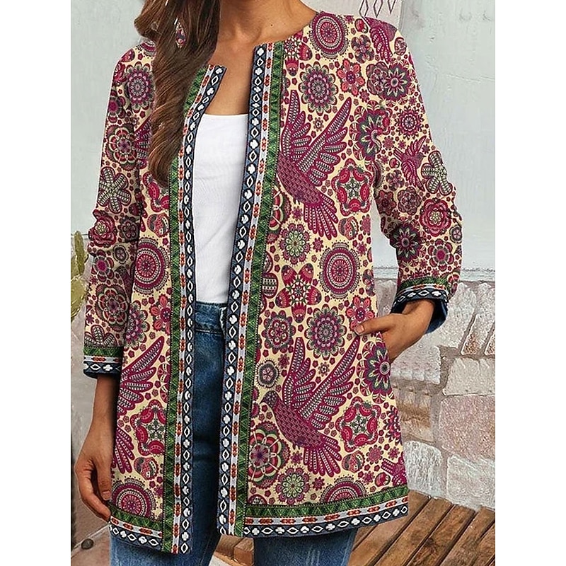 Women's Winter Coat Casual Jacket Warm Quick Dry Pocket Open Front Modern Floral Casual Daily Casual Daily Long Crewneck Regular Fit Long Sleeve Outerwear Pink Green Spring Fall3