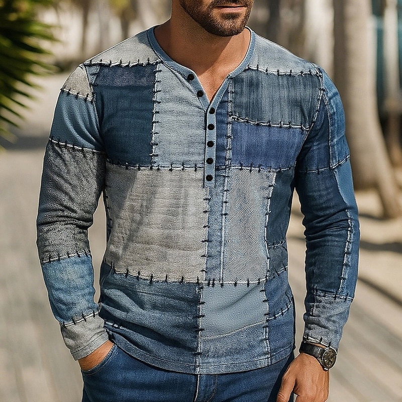 Men's Patchwork T Shirt Henley Shirt Tee Long Sleeve Vintage Designer Stylish Outdoor Casual Daily Spring & Summer All Seasons Blue Khaki Henley Henley T-Shirt2