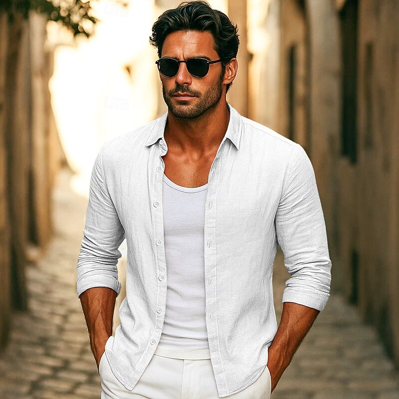 Men's Shirt Linen Shirt Summer Shirt Beach Wear Button Up Shirt Plain Vacation Casual Black White Pink Royal Blue Long Sleeve Collar Summer Spring Clothing Apparel Plain2