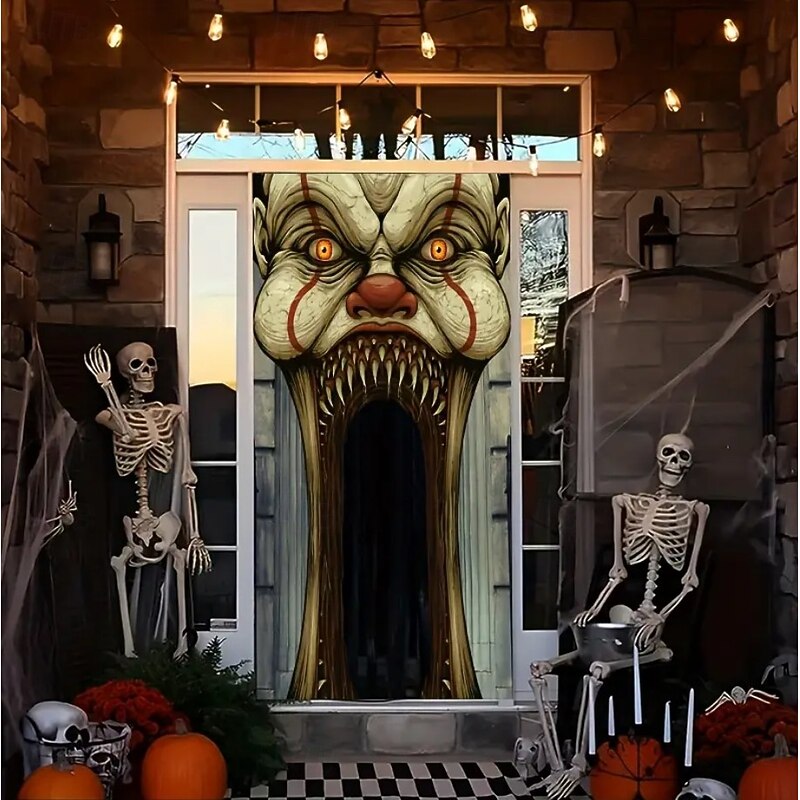 Halloween Door Cover Outdoor Banners Clown Psychedelic Dark Punk Gothic Style Party Outdoor Shooting Backgrounds Front Door Wall Porch Home Decor3