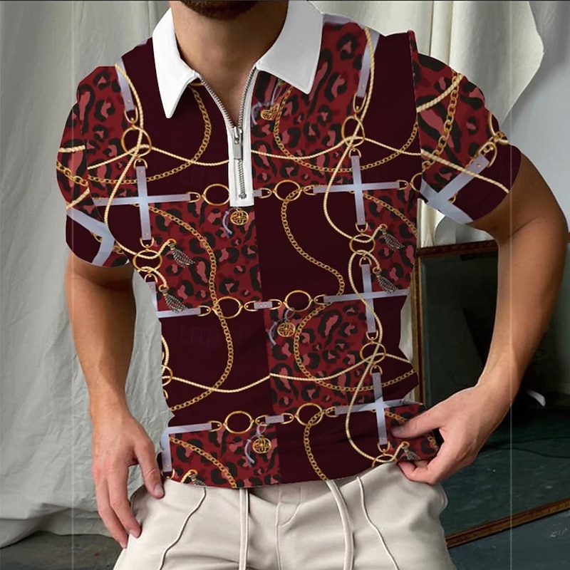 Men's Graphic Zip Polo Short Sleeve Turndown Casual Daily Athleisure Casual Daily Zipper Summer Black Green Brown3