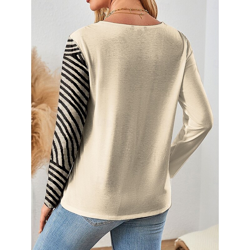 Women's T Shirt Graphic Geometric Vintage Stylish Classic Long Sleeve Crew Neck Regular Tops Daily Patchwork Print Pink Blue Green Beige Gray Spring Fall Winter2