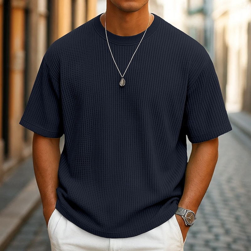 Men's Waffle T-shirt Tee Top Short Sleeve Crew Neck Summer All Seasons Solid Color Textured Fashion Designer Casual Knitted Outdoor Casual Daily Light Green Navy Blue Blue Top Tee for Men3