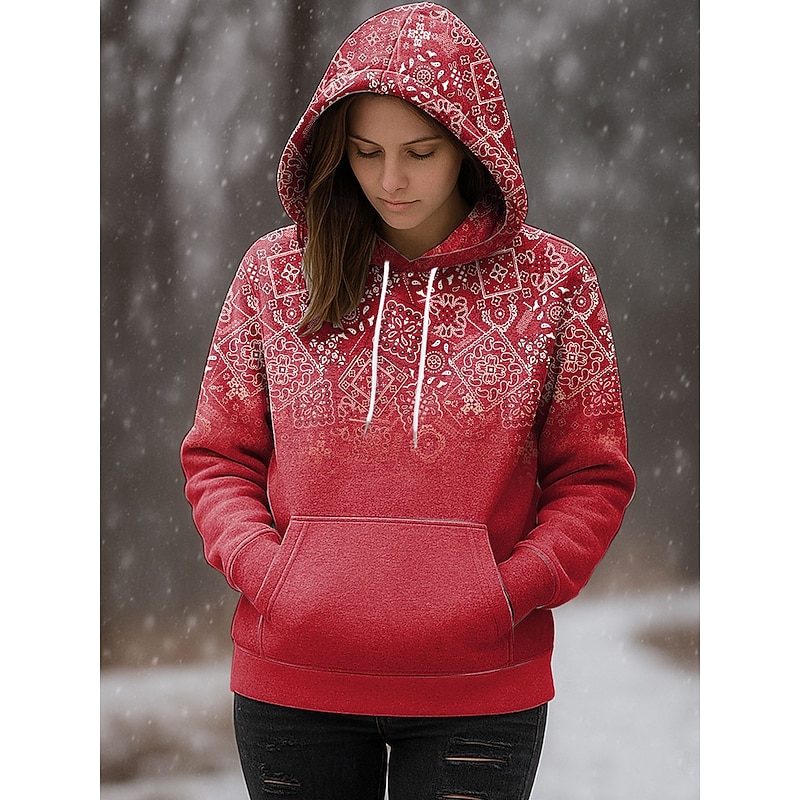 Women's Pullover Hoodie Sweatshirt Graphic Geometric Casual Long Sleeve Hooded Regular Tops Party Evening Wear Street Dailywear Red Purple Green Khaki Gray Spring Fall Winter