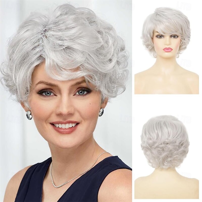 Grey Short Curly Wigs for Women Old Lady Wig with Bangs Natural Synthetic Heat Resistant Cosplay Daily Party Wigs