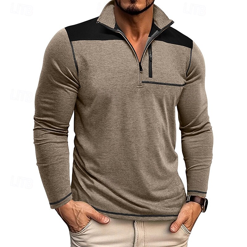 Men's Polo Shirts Quarter Zip Polo Daily Wear Date Quarter Zip Long Sleeve Fashion Basic Color Block Patchwork Zipper Spring Fall Regular Fit Wine Royal Blue Green Khaki Light Grey Dark Gray Polo4