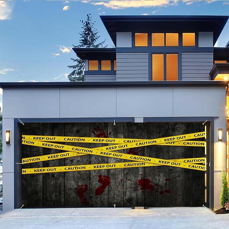 Halloween Tapestry Garage Door Cover Large Hanging Backdrop Caution Tape Bloody Handprints Modern Dark Punk Gothic Style Party Outdoor Shooting Backgrounds Yard Haunted House Home Decor2