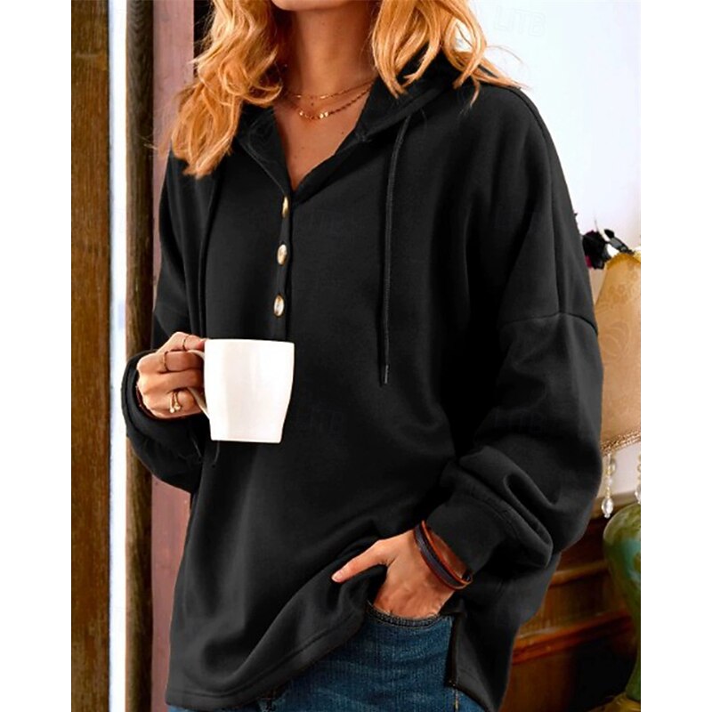 Women's Pullover Hoodie Sweatshirt Plain Streetwear Casual Long Sleeve Hooded Regular Tops Street Holiday Buttons Black Blue Fuchsia Brown Green Fall Winter3