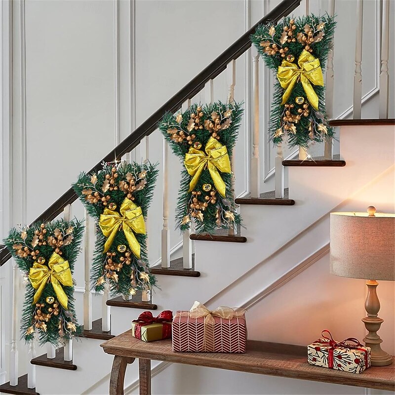 Christmas Swags Christmas Decor The Cordless Pre Lit Stairs Decoration LED Light Up Holiday Classic Stair Swag Door Wreath Christmas Teardrop Swag with LED Lights Garlands Hanging Ornaments2