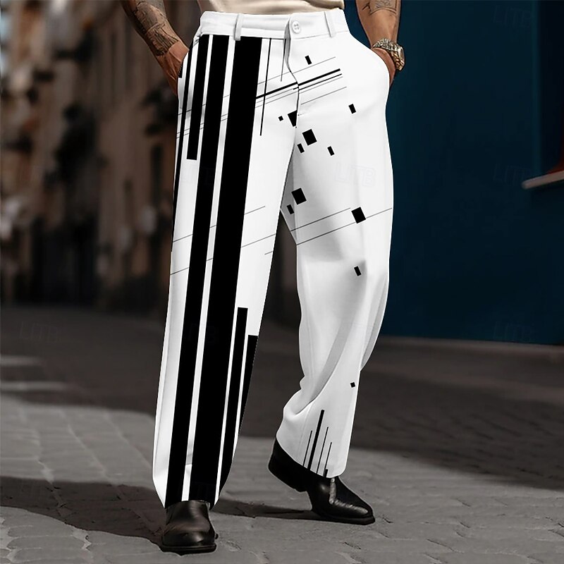 Men's Geometric Striped Dress Pants Trousers Suit Pants Mid Waist Casual Dailywear Holiday Streetwear Relaxed Fit Flat Front Dress Pants with Side Pockets Spring Fall 3D Print Black Blue Purple