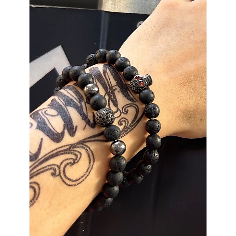 Men's Halloween Skull Beaded Bracelet Set — Natural Lava Stone & Hematite, 2-Piece Stretch Stack with Red-Eye Skull Charm, Gothic Punk for Costume Parties, Cosplay & Daily Wear3
