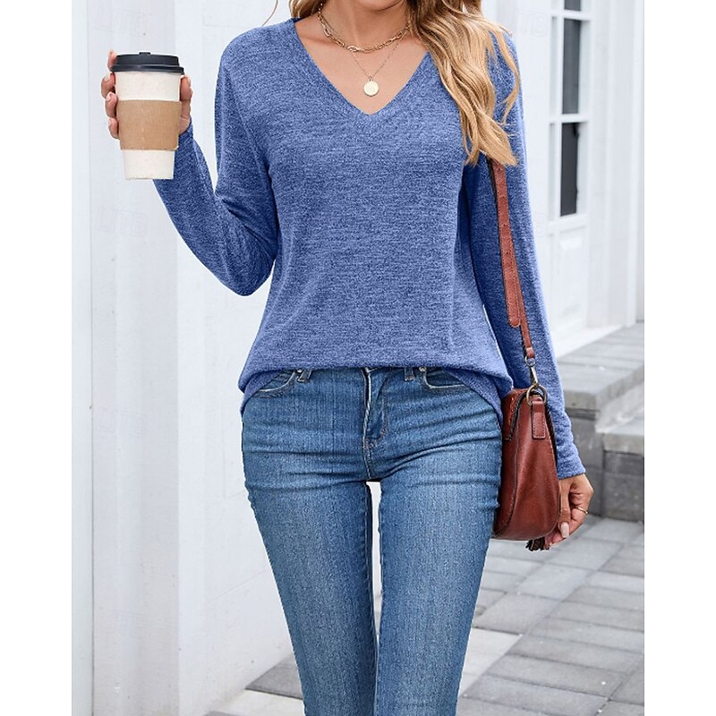 Women's Texture Blouse T Shirt Plain Casual Long Sleeve V Neck Regular Tops Daily Going out Black Wine Army Green Blue Brown Fall3