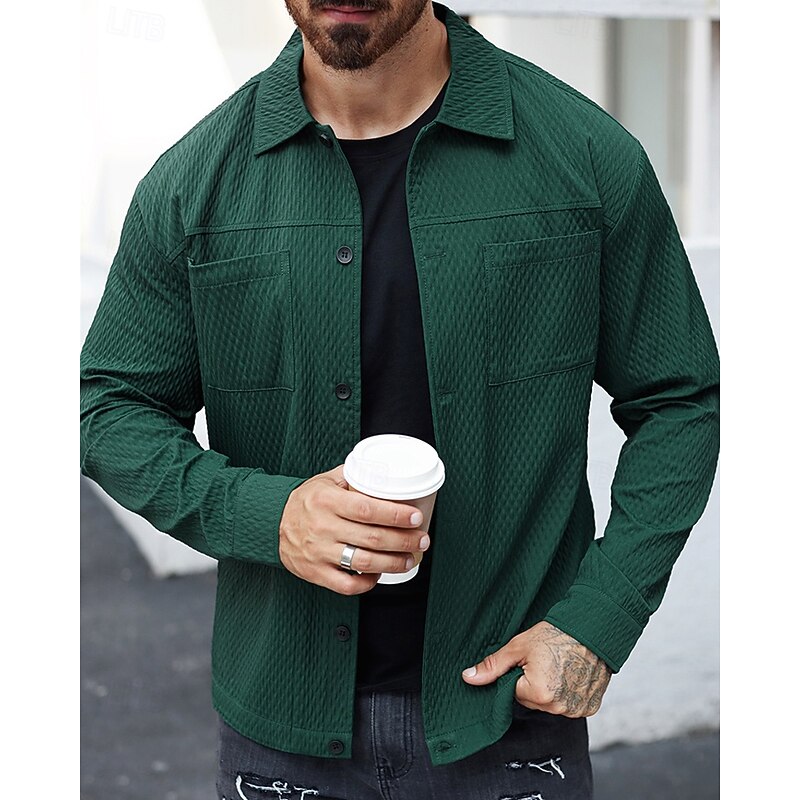 Men's Lightweight Jacket Casual Jacket Vacation Daily Breathable Jacquard Pocket Spring Fall Plain Fashion Classic Lapel Regular Dark Green Brown Jacket - Main Image