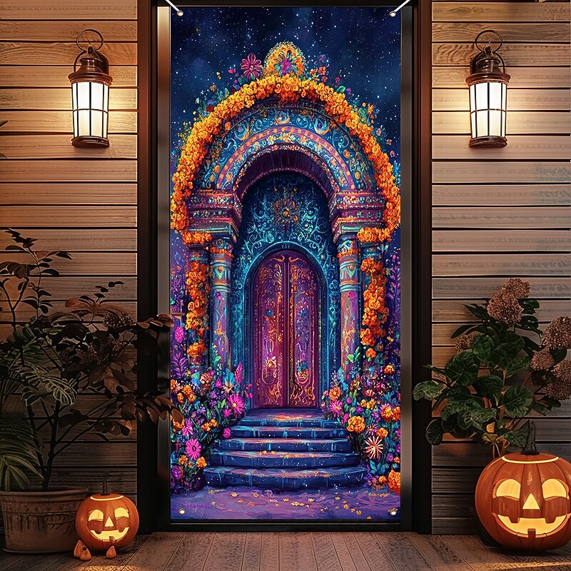 Day of the Dead Door Cover Outdoor Banners Skeleton Marigold Mexico Psychedelic Dark Punk Gothic Style Party Outdoor Shooting Backgrounds Front Door Wall Porch Home Decor