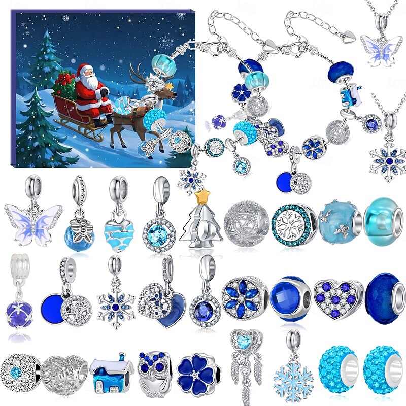 Christmas Advent Calendar Bracelets 2025 for Girls, Blue Style 31 Days DIY Jewelry Making Kit with 27 Charm Accessories, 2 Adjustable Bracelets and 2 Necklaces, Xmas Countdown Gift for Kids Teens Wo