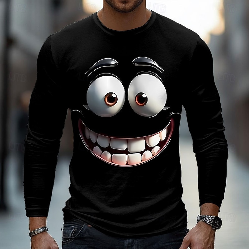 Men's 3D Funny Emotes T Shirt Long Sleeve T shirt 3D Print Crew Neck Shirt Fashion Exaggerated Street Daily Black Blue Orange Summer Spring Fall Clothing Apparel S M L XL XXL XXXL