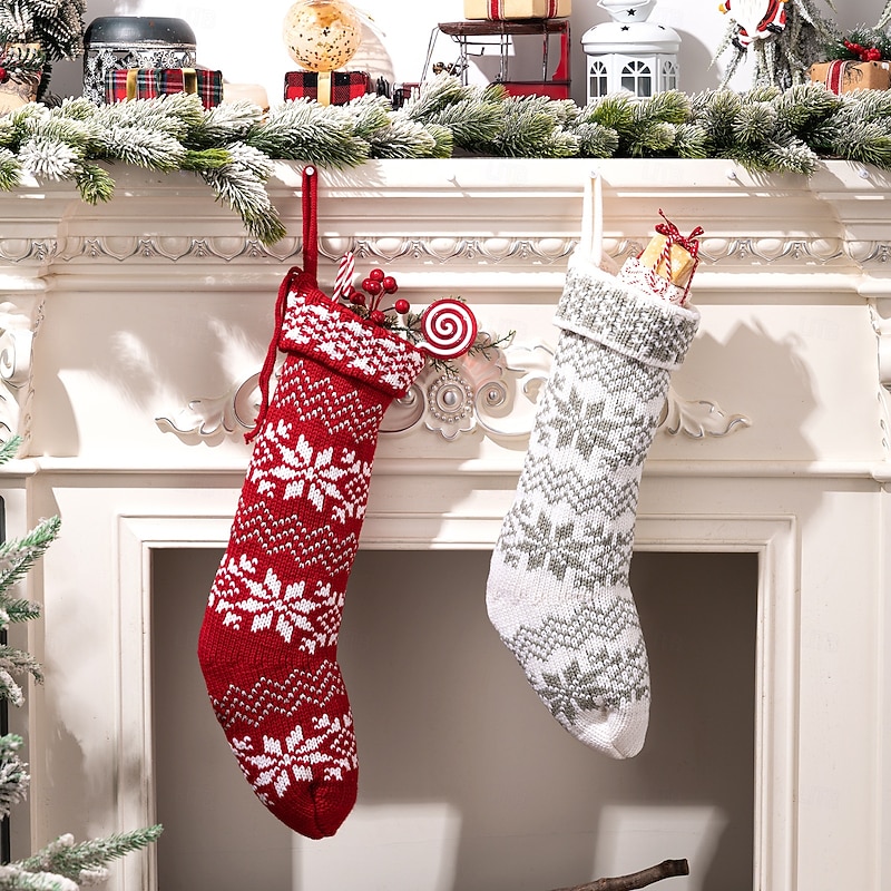 2Pcs Knitted Christmas Stockings, Red Snowflake Knit Xmas Socks, Holiday Decoration Hanging Gift Bags for Kids, Fireplace & Christmas Tree Ornaments4