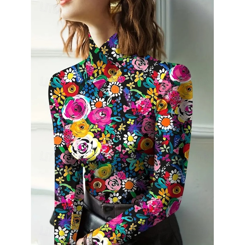 Women's Tunic Floral Graphic Plants Elegant Vintage Stylish Long Sleeve High Neck Asymmetric Neck Regular Tops Daily Black and White Fuchsia Orange Spring Fall Winter2