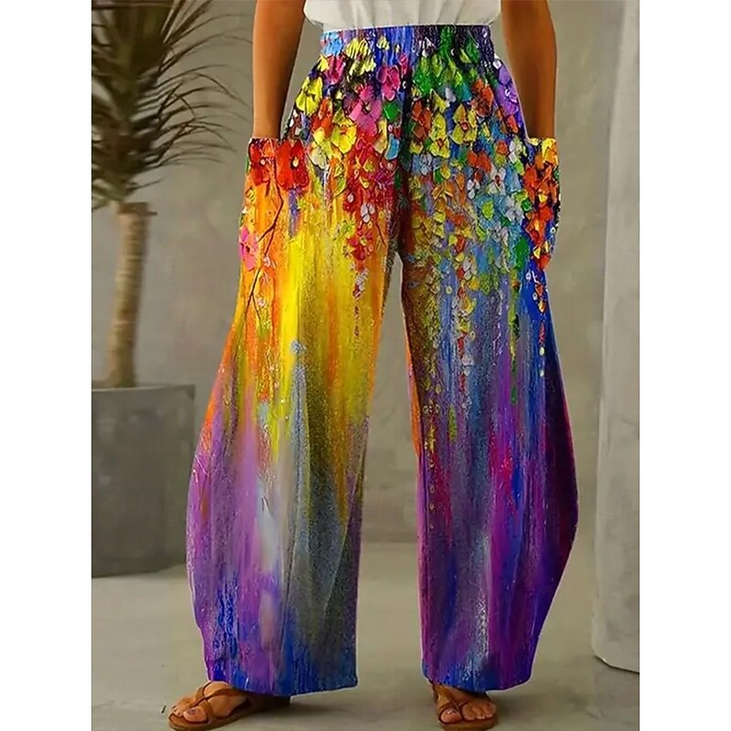 Women's Wide Leg Chinos Vacation Vintage Ethnic Style Full Length High Waist Floral Graphic Abstract Elastic Waistband Inelastic Causal Casual Daily Purple Green Light Green Summer Spring Loose Fit