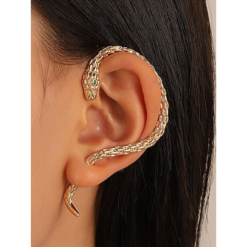 Women's Halloween Snake Earrings – Gothic Serpent Ear Cuff Wrap with Green Crystal Eyes, Punk Style Jewelry for Costume Party and Cosplay
