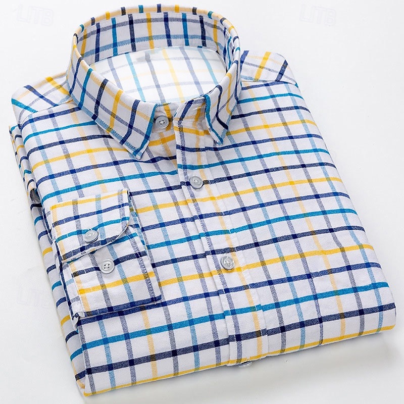 Men's Dress Shirt Collared Shirt Button Up Shirt Plaid Wedding Outdoor Wine Navy blue+white White Yellow Long Sleeve Turndown Spring Fall Clothing Apparel