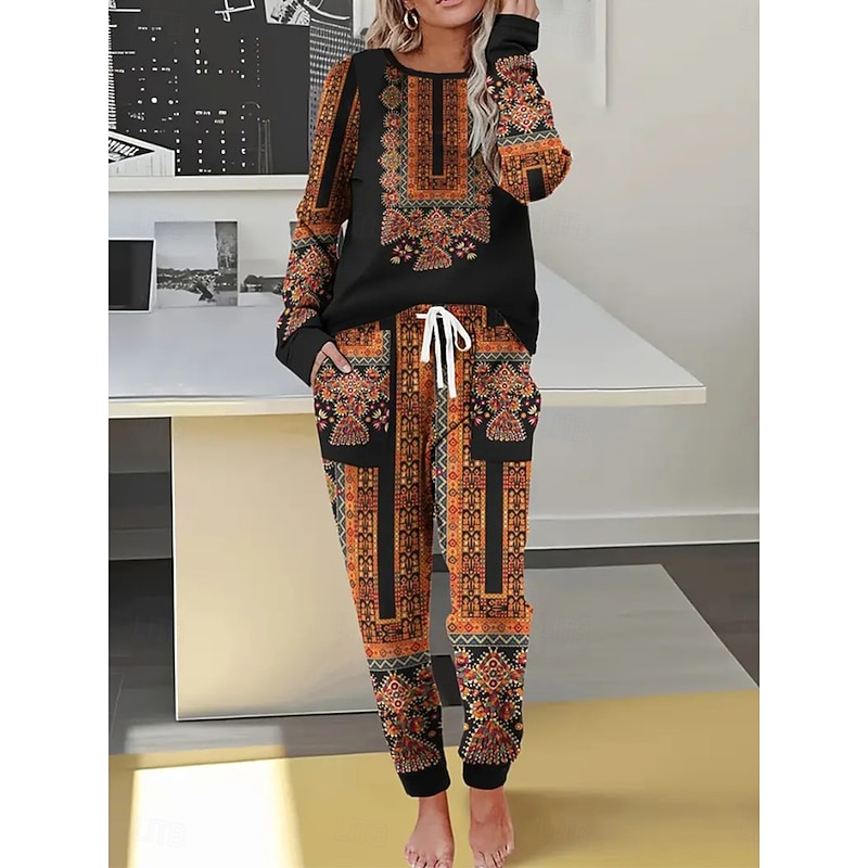 Women's Warm Bohemia Active Tracksuit Pants Sets Sweatshirt Long Sleeve Crew Neck Graphic Geometric Striped Drawstring Print Sports Outdoor Casual Daily Black Brown Fall & Winter Regular Fit