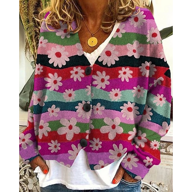 Women's Coat Casual Jacket Warm Comfortable Print Fashion Modern Casual Floral Going out Weekend Single Breasted Regular V Neck Regular Fit Long Sleeve Outerwear Pink Orange Green Fall Winter2