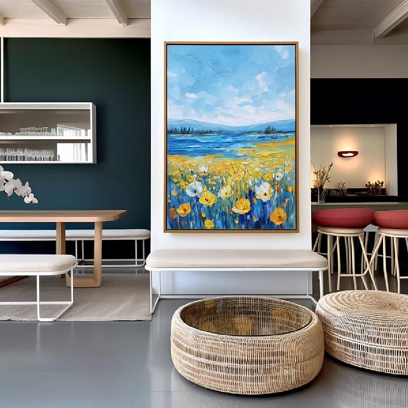 Handmade 3D Oil Painting Vibrant Floral Landscape with Sunlit Meadow Blooming Wildflowers and Mountain Lake Under Clear Blue Sky-High Quality Detailed Brushstrokes Create Realistic 3D Painting3