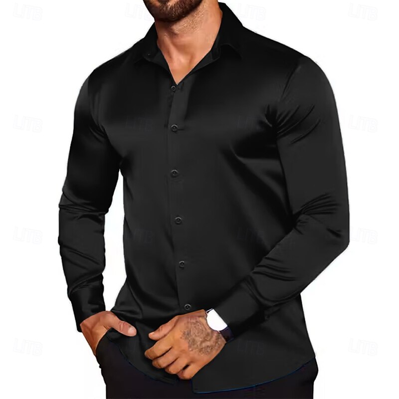 Men's Shirt Silk Like Satin Shirt Casual Shirt Button Up Shirt Plain Formal Wedding Light Blue Black White Wine Long Sleeve Lapel Spring &  Fall All Seasons Clothing Apparel3
