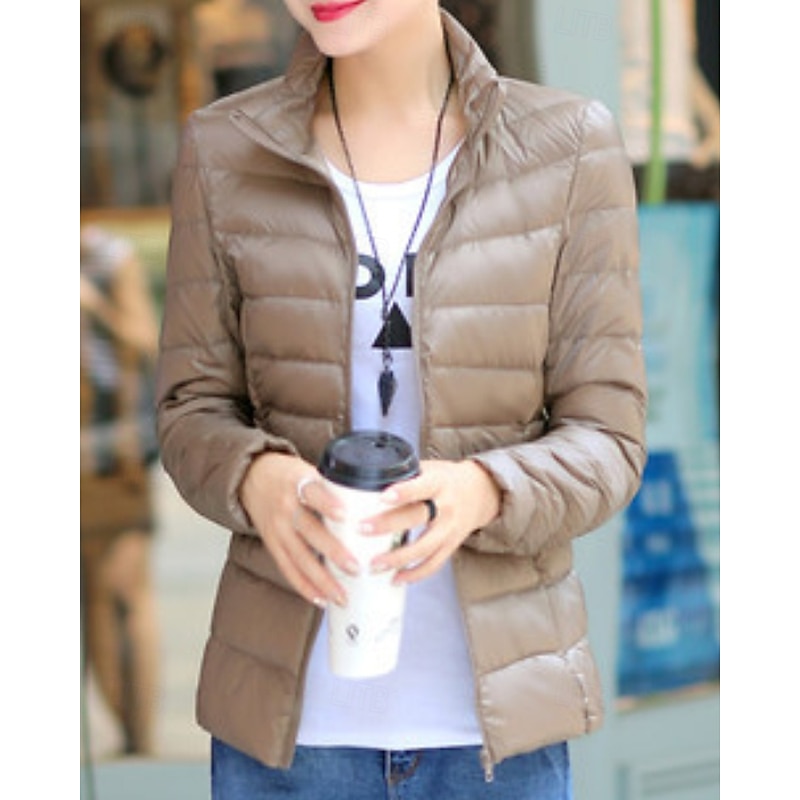 Women's Down Jacket Warm Comfortable Zipper Pocket Casual Plain Outdoor Going out Weekend Zipper Regular Stand Collar Regular Fit Long Sleeve Outerwear Black White Red Fall Winter2