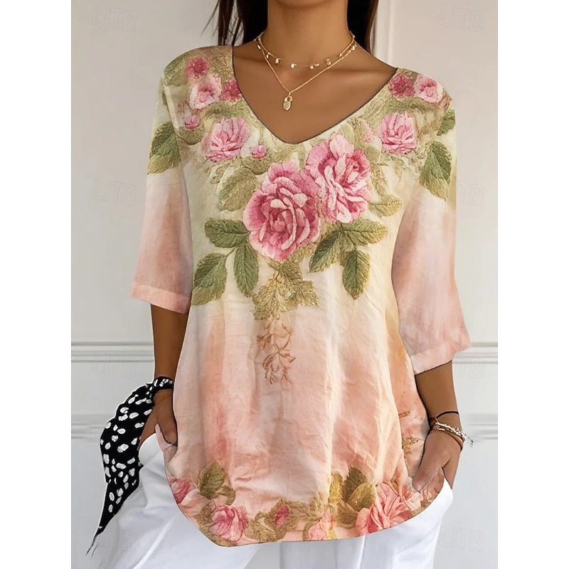 Women's Blouse Floral Graphic Vintage Tropical Stylish 3/4 Length Sleeve V Neck Regular Tops Daily Pink Dusty Rose Purple Summer Spring Fall2