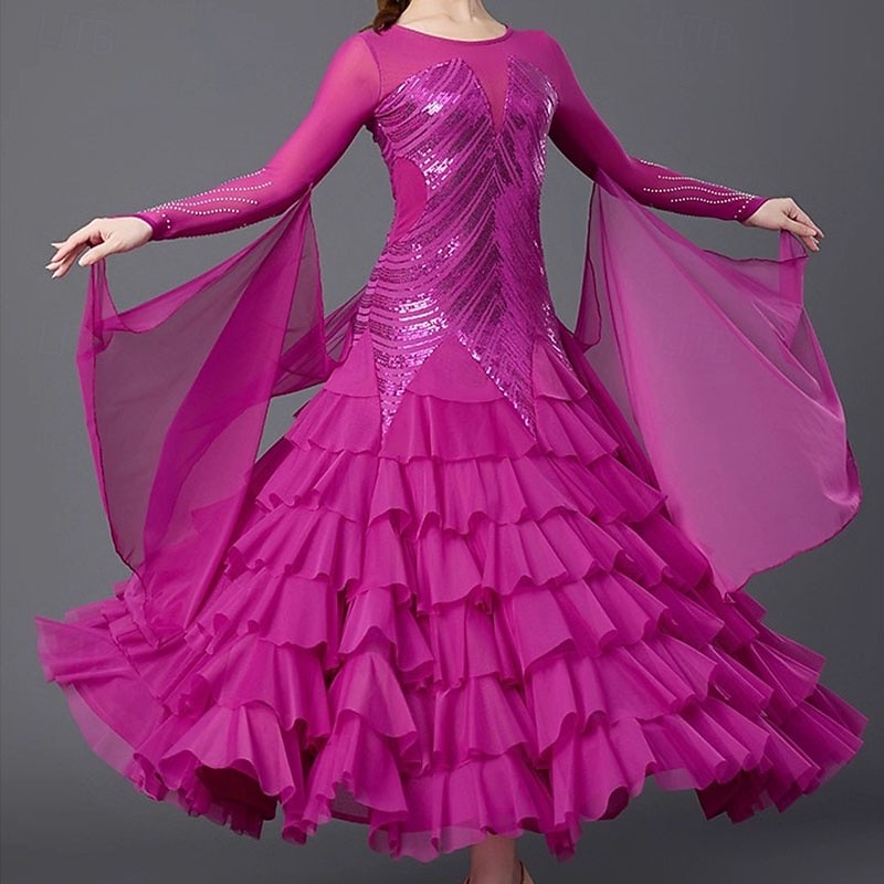 Ballroom Dance Dress Sequins Women's Performance Party Long Sleeve Linen Cotton Blend