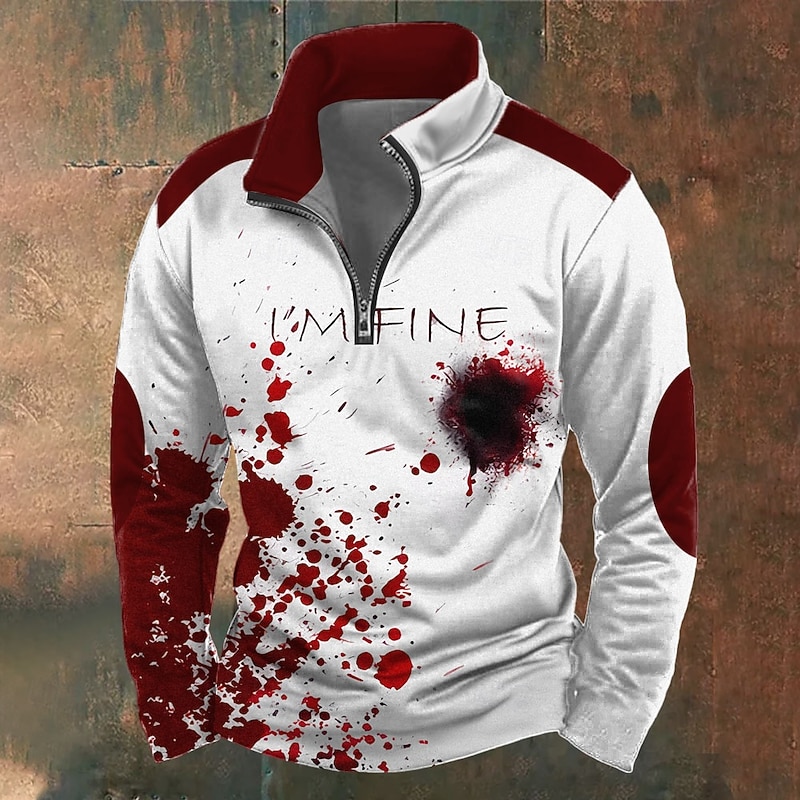 Halloween Men's Graphic Blood Splatter Blood stains Sweatshirt Exaggerated Gothic Long Sleeve High Neck Party Club Red Blue Zipper Quarter Zip Fall Winter Designer