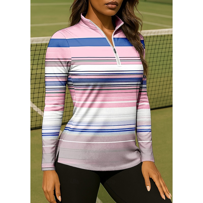 Women's Geometric Stripes Shirt Sport Shirt Golf Polo Shirt Tennis Shirt Long Sleeve Zipper Floral UPF50+ UV Resistant High Elasticity Moisture Wicking Breathable Tennis Golf Pickleball High Neck4