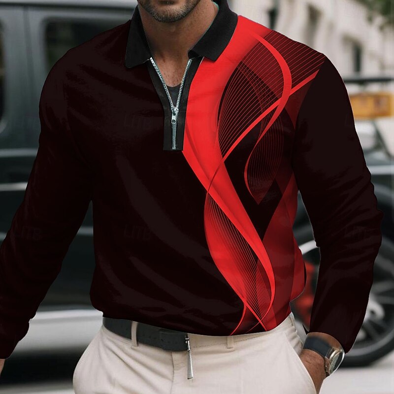 Men's Abstract Geometic Polo Long Sleeve Polo Shirts Lapel Business Casual Athleisure Daily Wear 3D Print Quarter Zip Polo Spring Fall Winter White Red Blue4