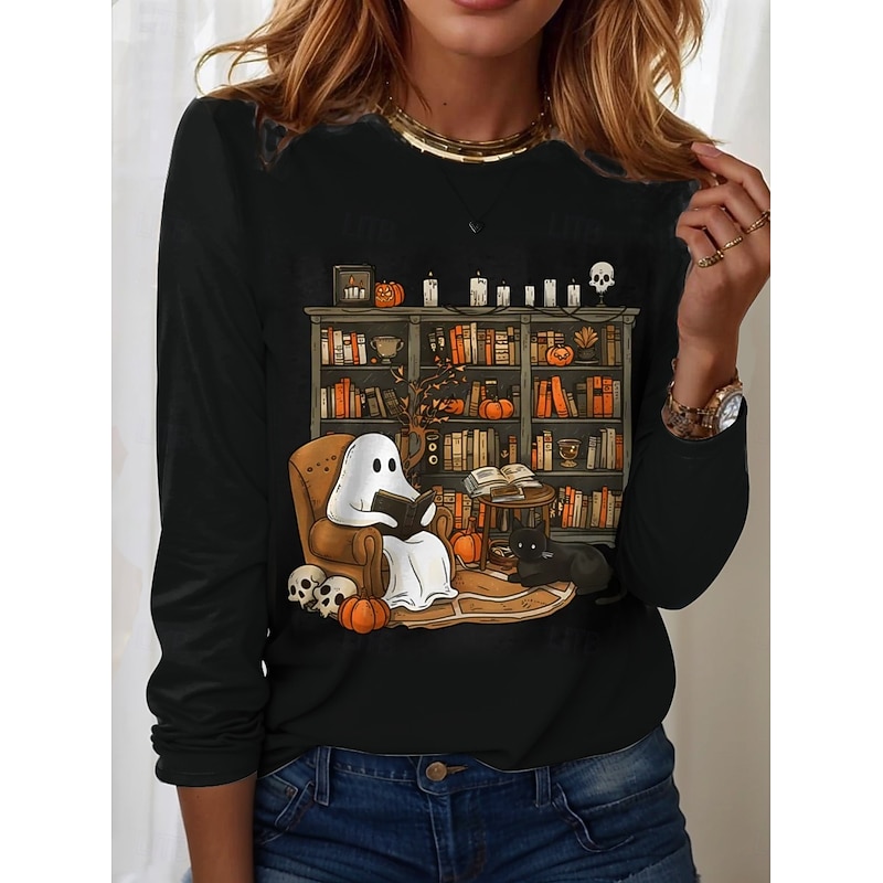 Halloween Women's T shirt Ghost Graphic Letter Vintage Fashion Stylish Long Sleeve Crew Neck Round Neck Regular Tops Daily Weekend Print Black White Pink Blue Purple Spring Fall Winter