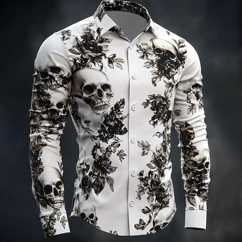 Halloween Men's Halloween Costumes Skulls Flowers Shirt Button Up Shirt Casual Dress Shirt Long Sleeve Dark Gothic Style Holiday Summer Spring Turndown 3D Print Collared Shirts White 1 White2