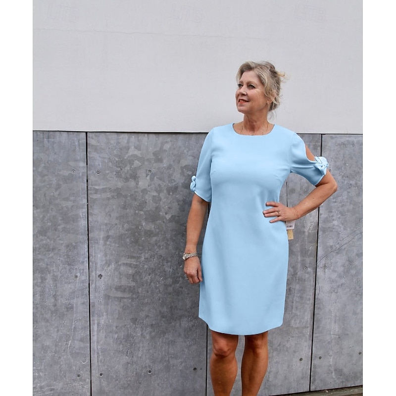 Sheath Cocktail Dress Wedding Guest Elegant Simple Jewel Neck Short / Mini Chiffon Short Sleeve with Bow(s) Solid Color Dresses free custom size3