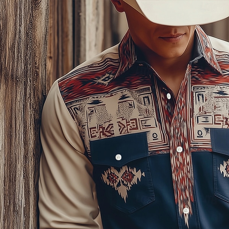 Men's Geometric Aztec Ethnic Shirt Western Shirt Cowboy Shirt Long Sleeve Vintage Retro Outdoor Casual WorkWear Spring Fall Turndown Front Two Pockets Linen Like Shirt Button Up Shirts Dark Blue2