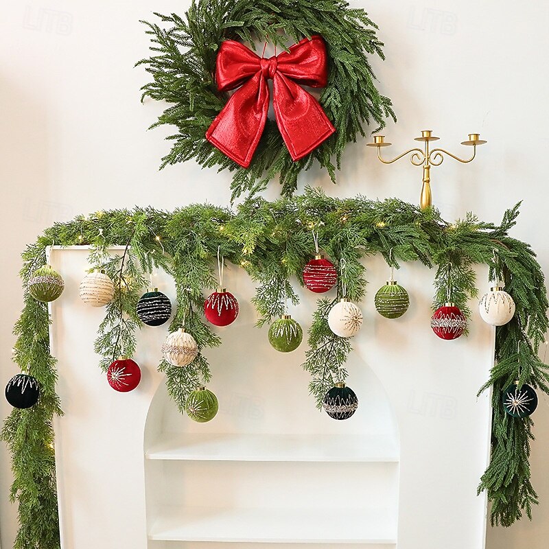 8CM/12PCS Christmas Baubles Ornament Sparkling Diamond Velvet Wrapped Christmas Ball Set Glitter Christmas Balls Ornaments Flocked Hanging Pendant Xmas Balls Baubles for Christmas Tree3