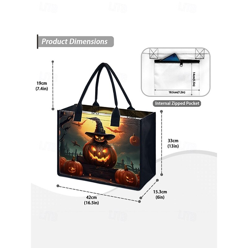 Women's Halloween Pumpkin & Haunted House Tote — Large Reusable Shopping Bag with Zipper Pocket & Sturdy Handles, Gothic Style for Trick-or-Treat, Costume Parties & Daily Use4