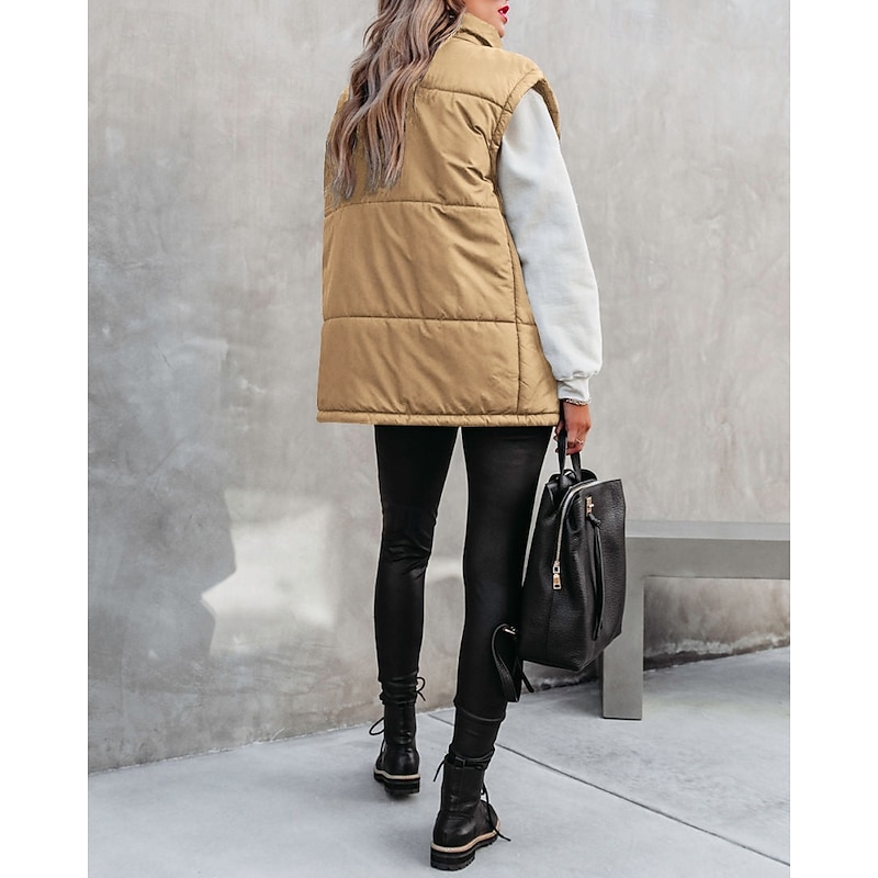 Women's Vest Warm Comfortable Zipper Pocket Fashion Plain Going out Weekend Zipper Regular Stand Collar Regular Fit Sleeveless Outerwear Black White Khaki Fall Winter3